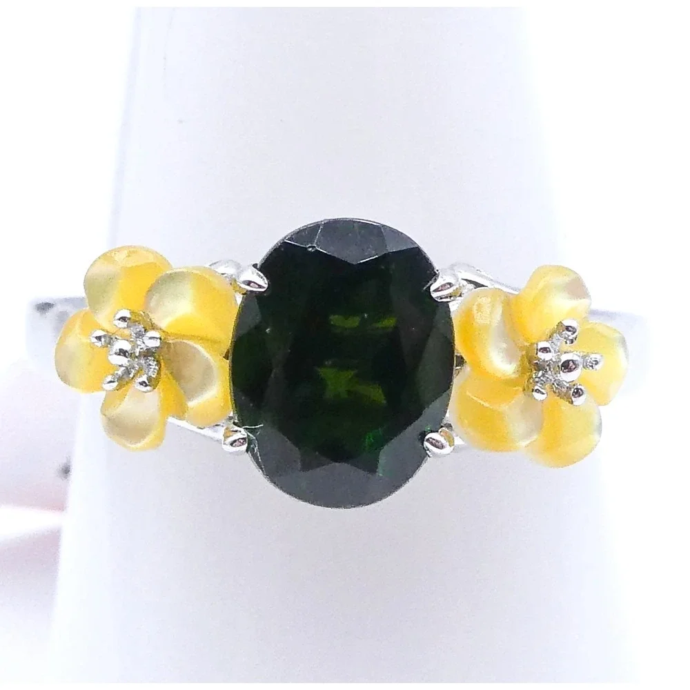 Chrome Diopside Sterling Silver Carved MOP Flower 1.9 Ctw Womens Band Ring Sz 9